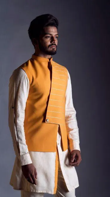 Yellow Nehru Coat  with White Shirt Kurta Set - Rent