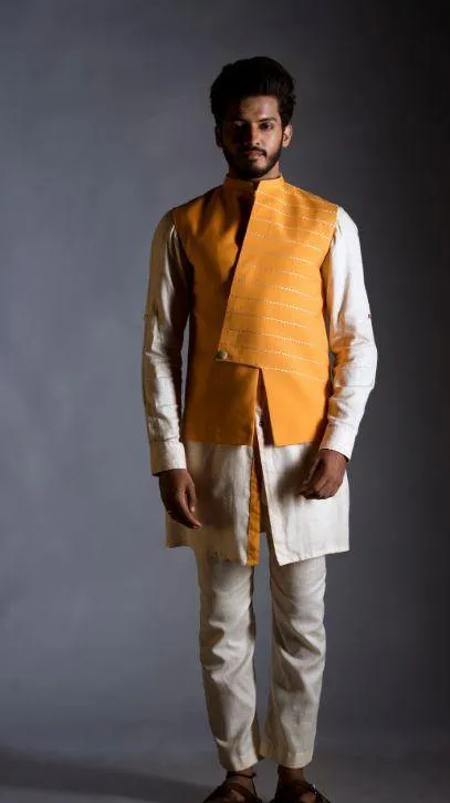 Yellow Nehru Coat  with White Shirt Kurta Set - Rent